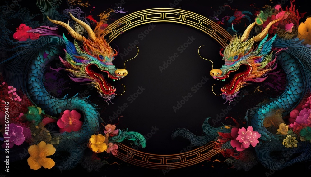 Obraz premium elegant dragon border frame with floral design with copy space for text graphic resource