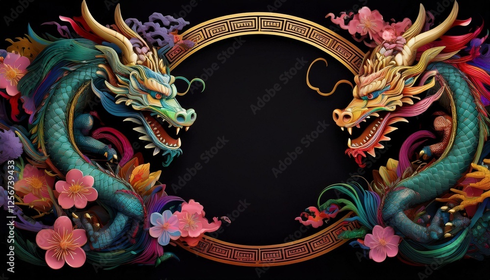 Obraz premium elegant dragon border frame with floral design with copy space for text graphic resource 