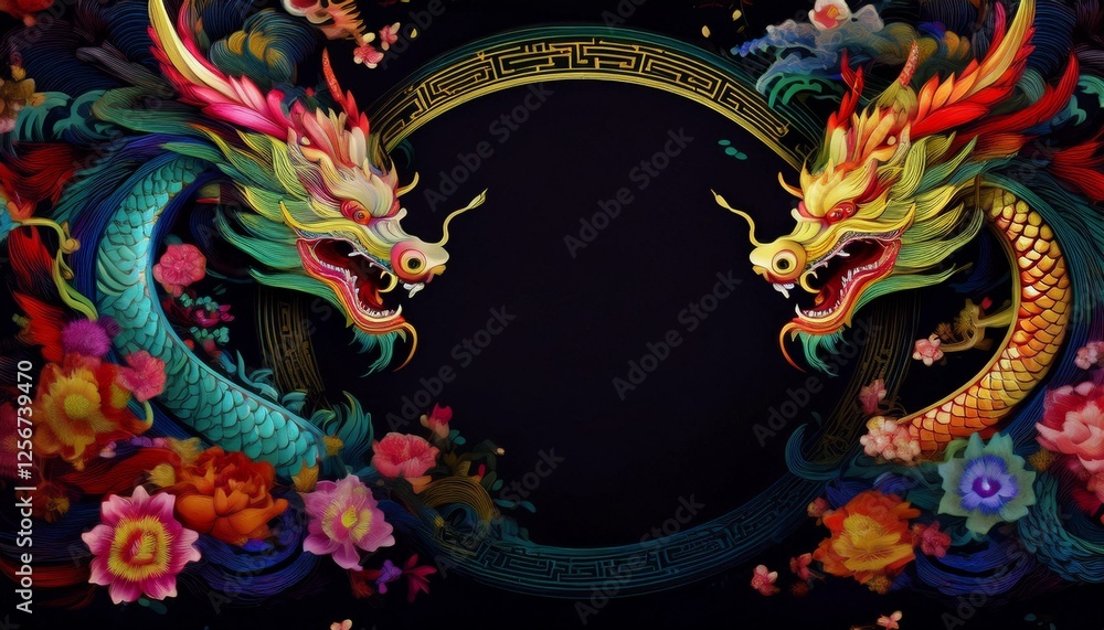 Fototapeta premium elegant dragon border frame with floral design with copy space for text graphic resource