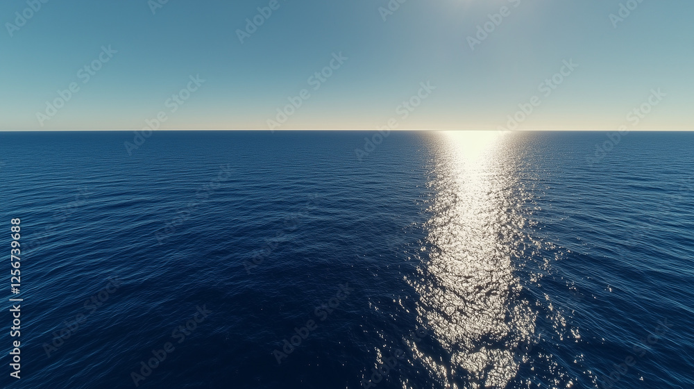 Fototapeta premium Vast serene ocean reflecting sunlight in a tranquil seascape under a clear blue sky evoking peace and natural beauty.