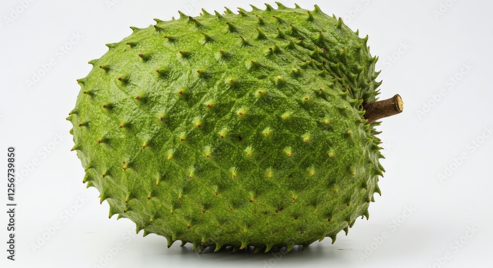 Close-up View of Fresh Spiky Green Soursop on White Surface Close-up View of Fresh Spiky Green Soursop on White Surface