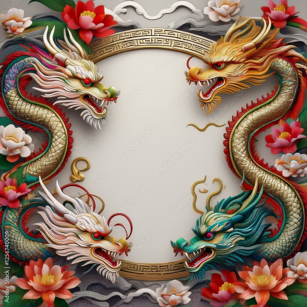 Obraz premium elegant dragon border frame with floral design with copy space for text graphic resource 
