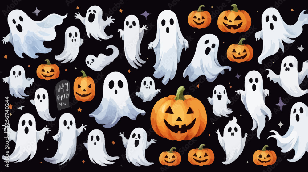Halloween-themed vector design with cute ghosts, pumpkins, and bats. Perfect for spooky season invitations, party decor, and Halloween-themed designs. Halloween-themed vector design with cute ghosts, pumpkins, and bats. Perfect for spooky season invitations, party decor, and Halloween-themed designs.