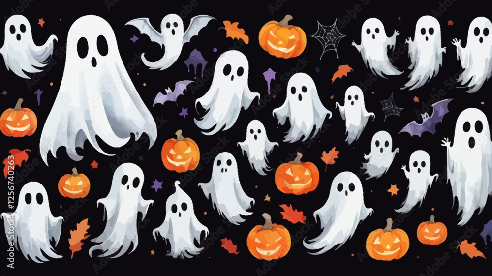 Halloween-themed vector design with cute ghosts, pumpkins, and bats. Perfect for spooky season invitations, party decor, and Halloween-themed designs. Halloween-themed vector design with cute ghosts, pumpkins, and bats. Perfect for spooky season invitations, party decor, and Halloween-themed designs.