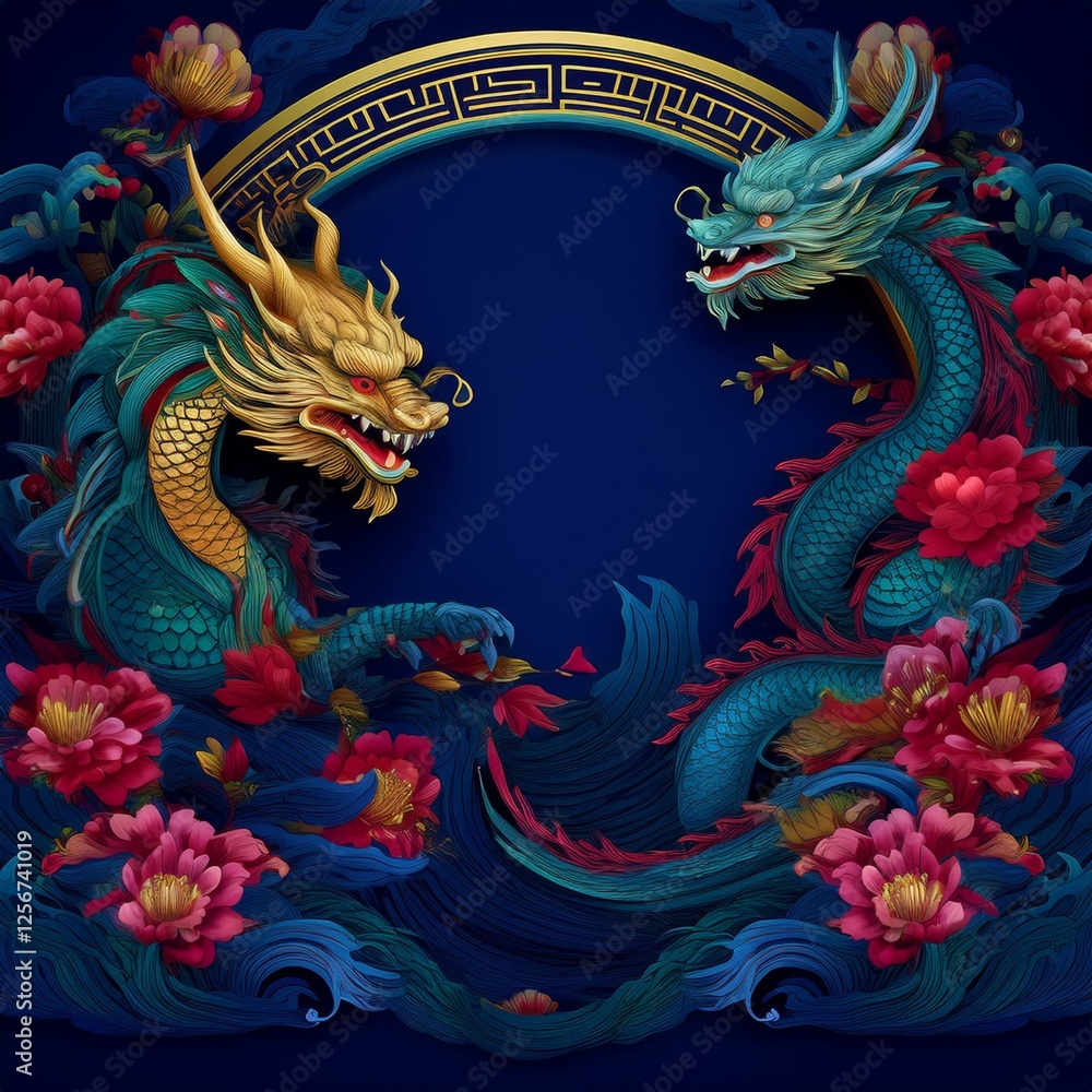 Obraz premium elegant dragon border frame with floral design with copy space for text graphic resource