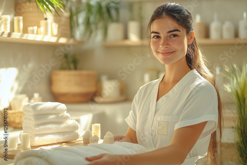 young woman works in spa salon.  A masseuse or female massagist in a white robe is standing in a SPA salon near a massage chair. beautician in a cosmetology office. the cosmetologist is in the SPA 