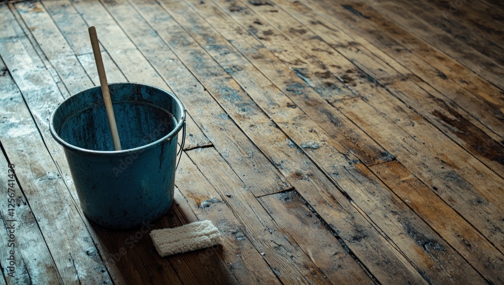Naklejka premium Cleaning Supplies on Old Wooden Floor: A Rustic Scene