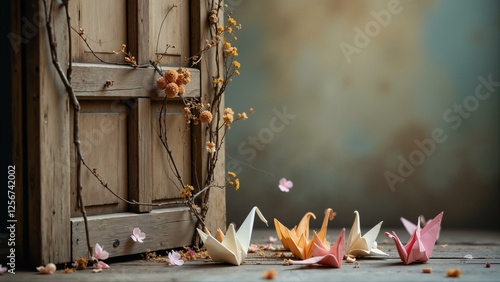 Dried flowers and vines entwined wooden door, paper cranes, pastel colors, vintage charm, soft candlelight glow photo