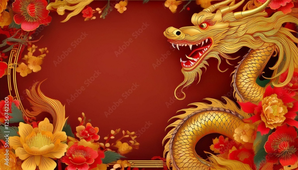 Fototapeta premium elegant dragon border frame with floral design with copy space for text graphic resource