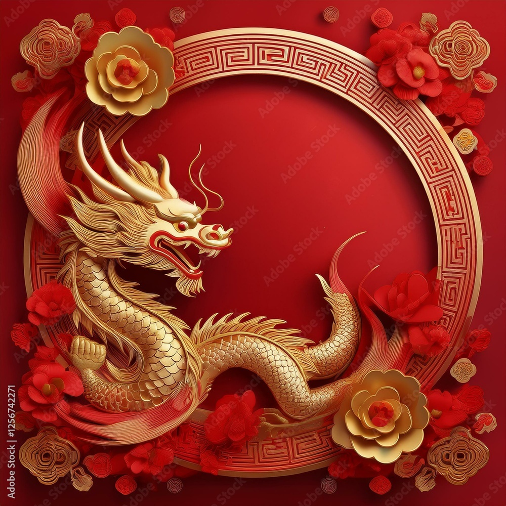 Obraz premium elegant dragon border frame with floral design with copy space for text graphic resource