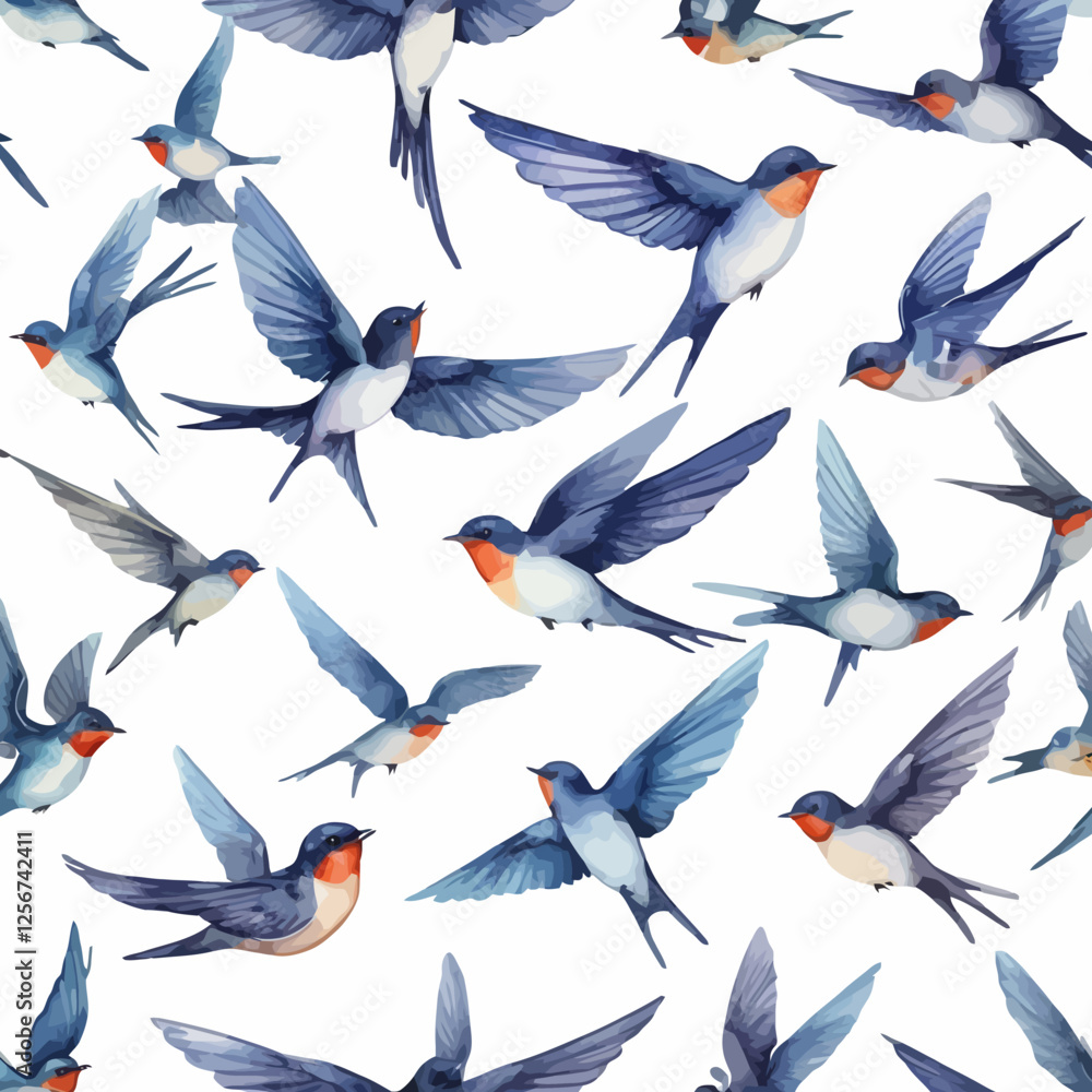 Watercolor seamless pattern of flying swallows, painted in soft blue tones. Perfect for textile design, wallpapers, and elegant artistic compositions. Watercolor seamless pattern of flying swallows, painted in soft blue tones. Perfect for textile design, wallpapers, and elegant artistic compositions.