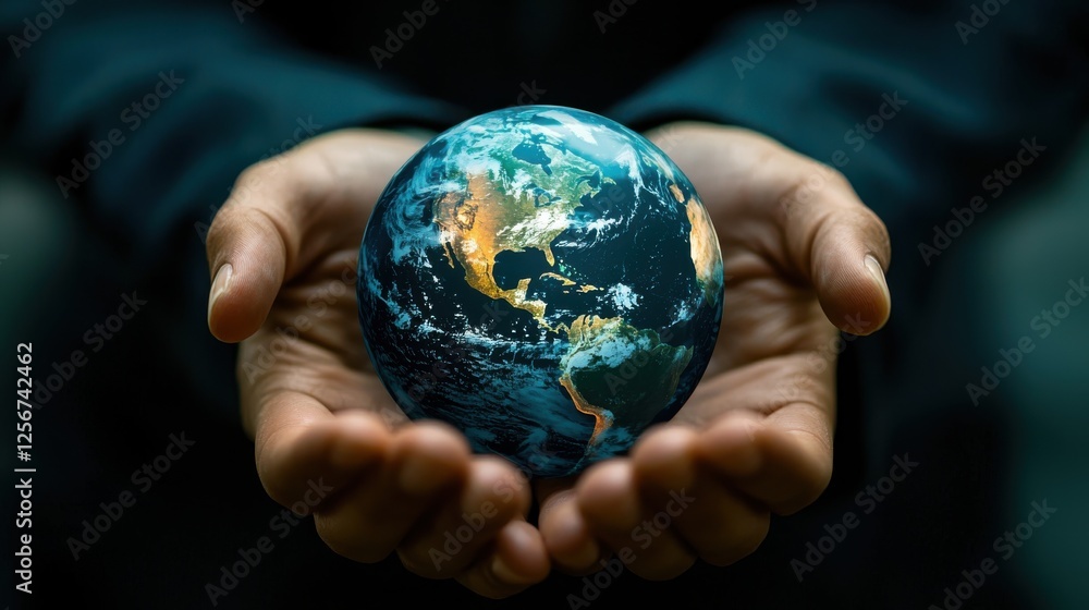 Person holding a small model of earth in their hands representing global awareness and environmental responsibility Person holding a small model of earth in their hands representing global awareness and environmental responsibility