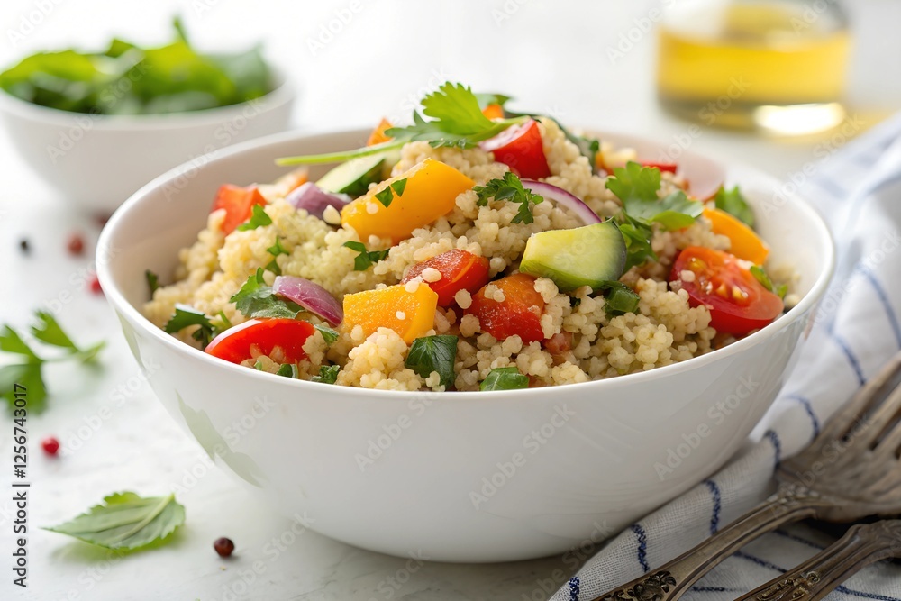 Delicious quinoa salad in a white bowl Delicious quinoa salad in a white bowl