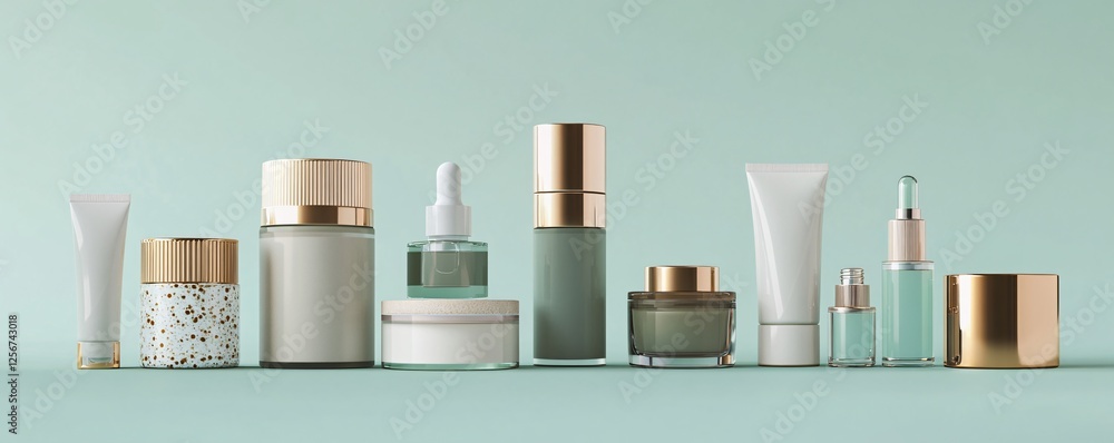 Array of cosmetic packaging arranged in a line against a soft green backdrop