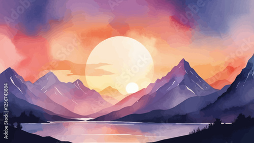 A stunning watercolor painting of a mountain range at sunset, with a glowing sun and a serene lake in the foreground. Perfect for nature lovers and artistic prints.