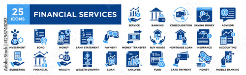 Financial Services icon collection set. Containing design business, finance, financial, technology, money, service, investment	