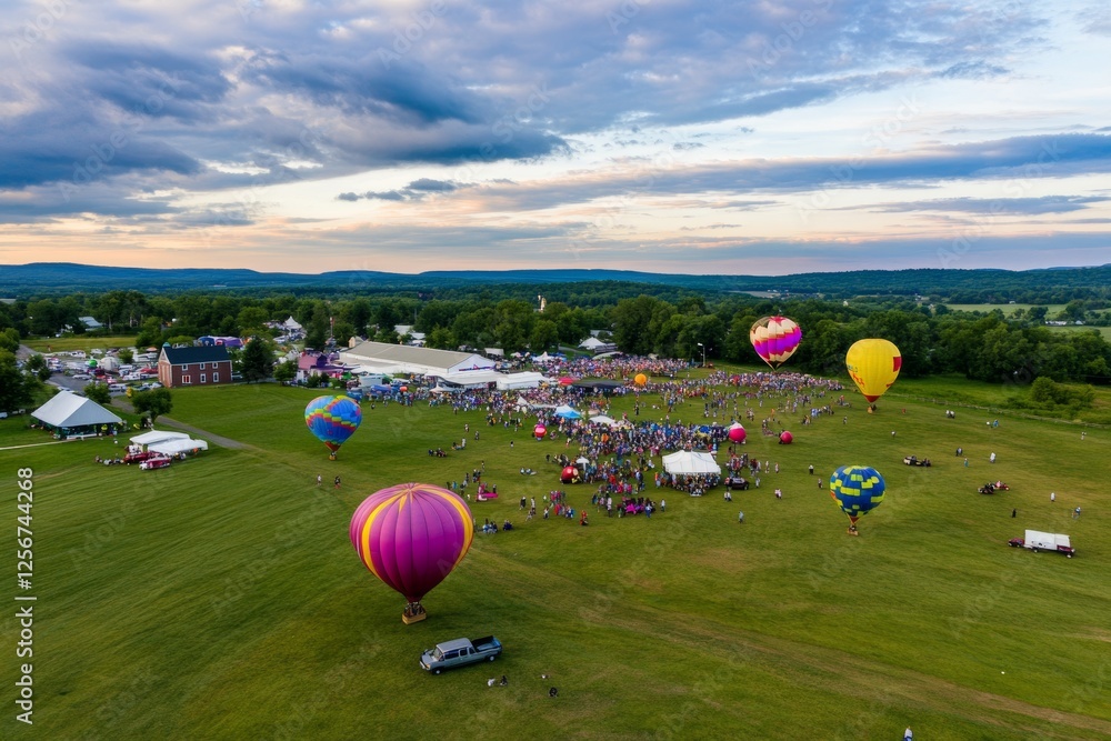 Obraz premium Colorful hot air balloons rise above a vibrant festival crowd at sunset on a spacious green field