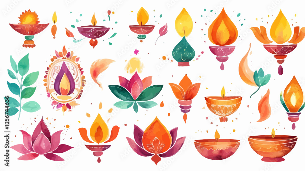 A beautiful set of Diwali diyas and lotus flowers, designed in watercolor artistic style with traditional festive elements. Perfect for invitations and greeting cards. A beautiful set of Diwali diyas and lotus flowers, designed in watercolor artistic style with traditional festive elements. Perfect for invitations and greeting cards.