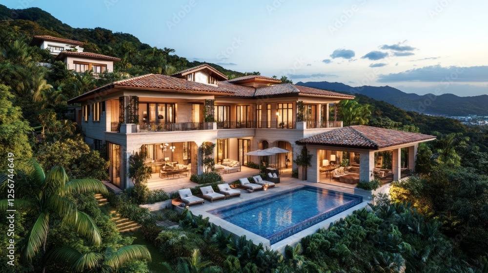 Fototapeta premium Luxury hillside villa with pool and stunning mountain views during a vibrant sunset