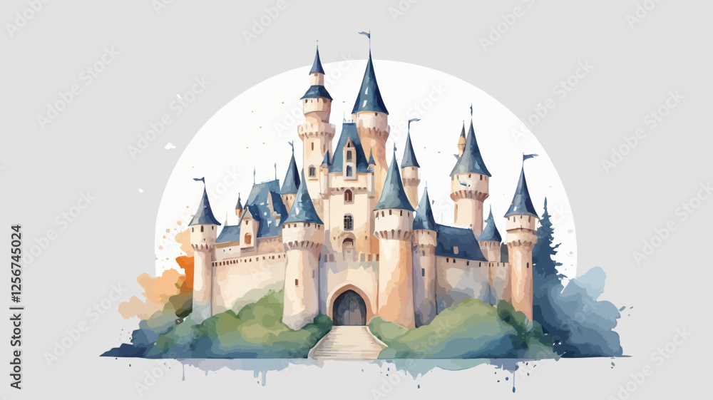 Fantasy watercolor castle with multiple towers and elegant blue spires, set in a magical forest. Ideal for fairy tale book covers, dreamy illustrations, and story art. Fantasy watercolor castle with multiple towers and elegant blue spires, set in a magical forest. Ideal for fairy tale book covers, dreamy illustrations, and story art.