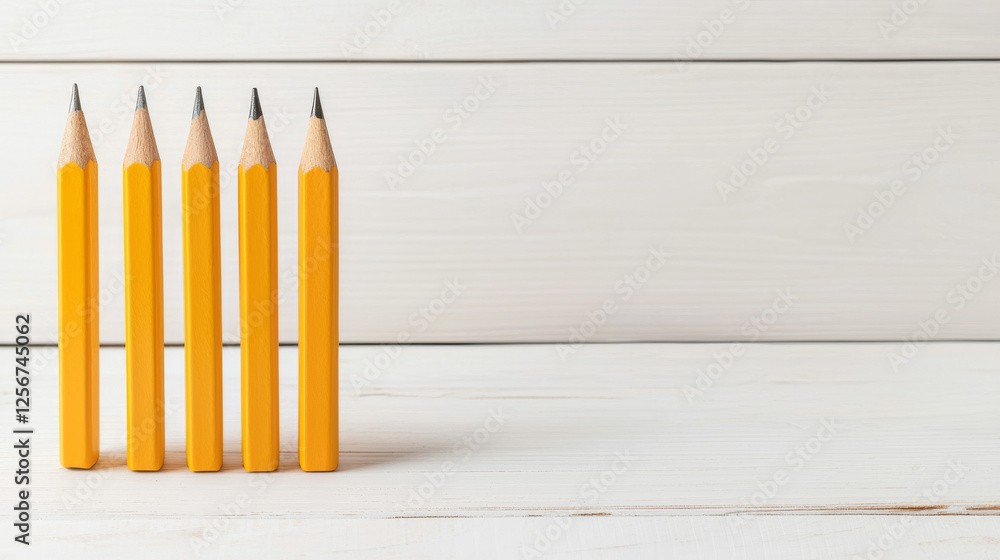 Obraz premium Bright yellow pencils arranged in row on wooden surface, creating cheerful and organized atmosphere. Perfect for educational or creative themes