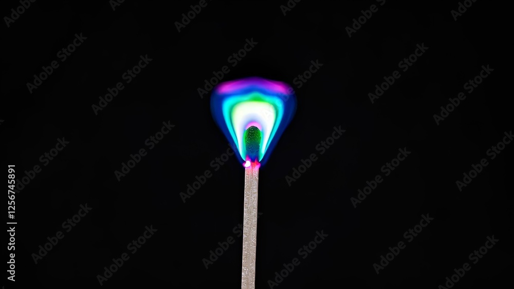 Close-up of a match burning with a colorful, vibrant flame against a dark backdrop, creating a striking contrast and highlighting the beauty of combustion Close-up of a match burning with a colorful, vibrant flame against a dark backdrop, creating a striking contrast and highlighting the beauty of combustion