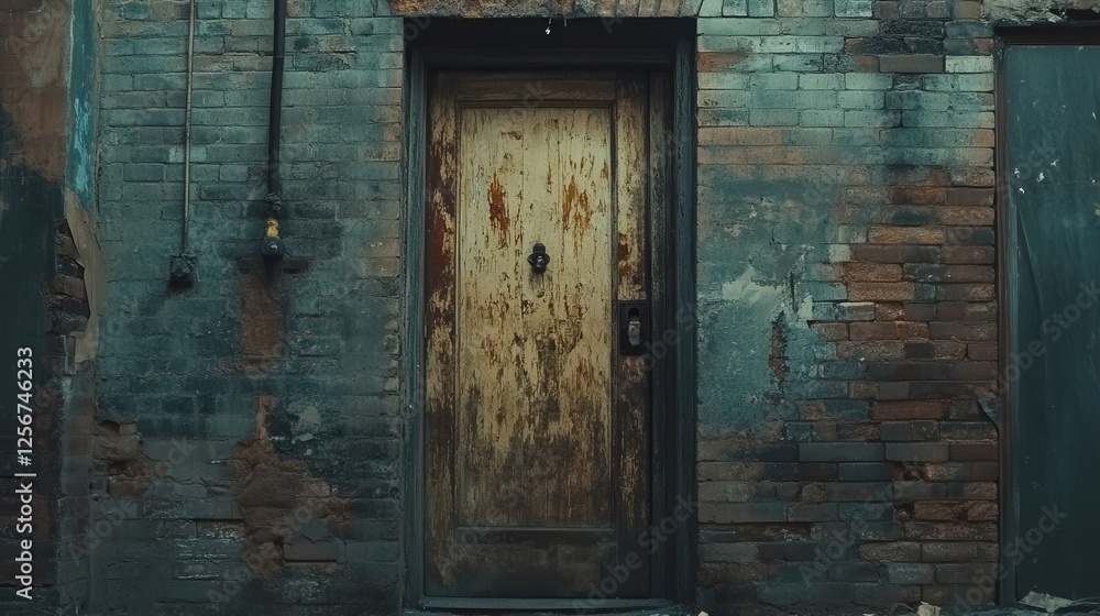 fire exit door in a rundown building, the worn metal contrasting sharply against the brick walls, telling the story of the building's age and its ongoing utility fire exit door in a rundown building, the worn metal contrasting sharply against the brick walls, telling the story of the building's age and its ongoing utility