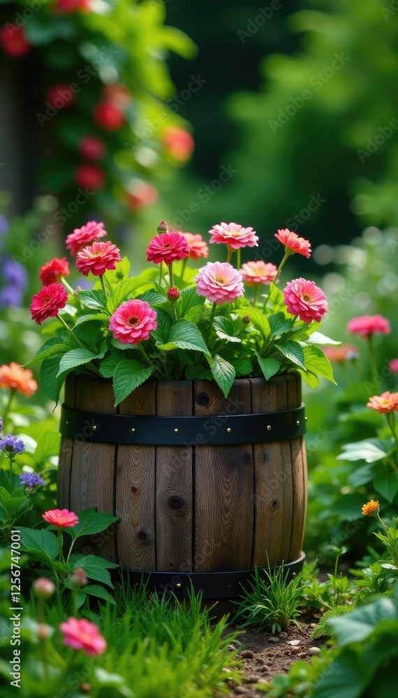 Fototapeta premium Garden barrel overflowing with blooming flowers and foliage, yard, overgrowth