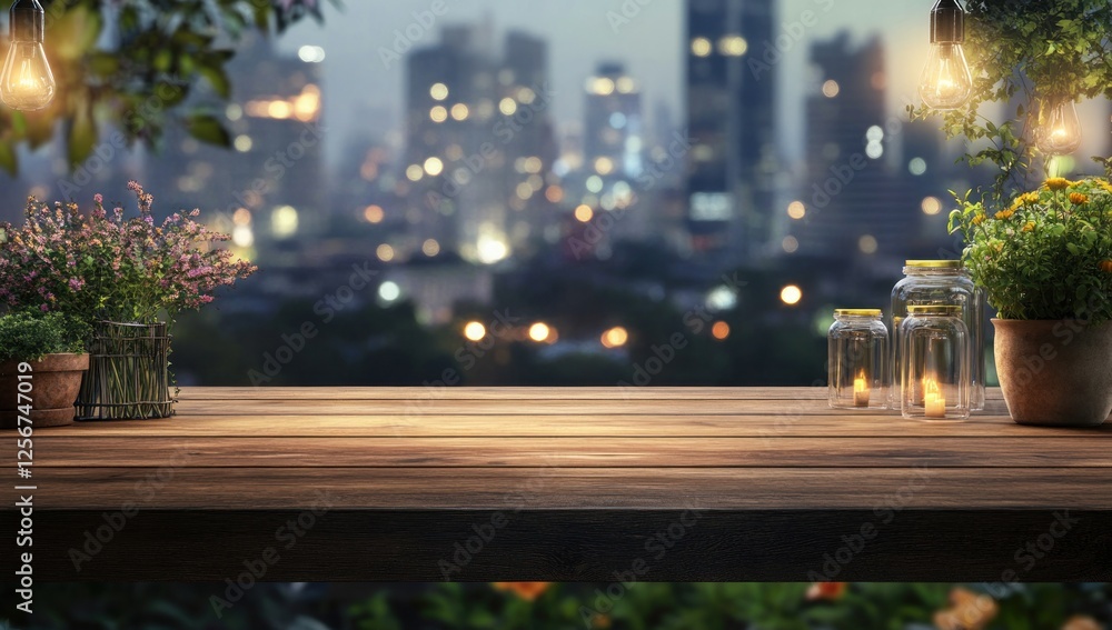 Fototapeta premium Romantic Night Cityscape with Wooden Table, Plants, and Lights