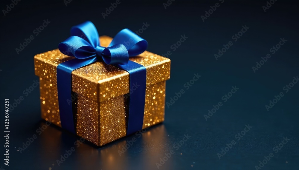 Glittering gold box with blue ribbon on dark background, sparkly, luxury, glitter Glittering gold box with blue ribbon on dark background, sparkly, luxury, glitter