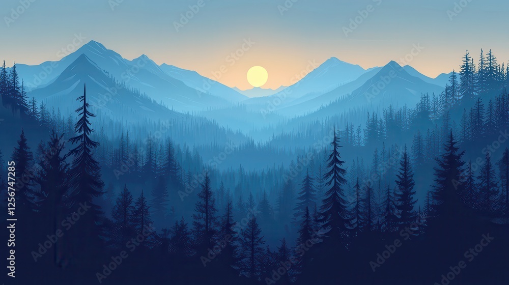 Obraz premium Mountain landscape featuring pine trees silhouetted against a vibrant sunset sky over rolling hills