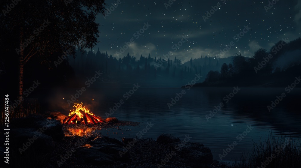 campfire with red coals beside a lake at night, the flickering light illuminating the night landscape campfire with red coals beside a lake at night, the flickering light illuminating the night landscape