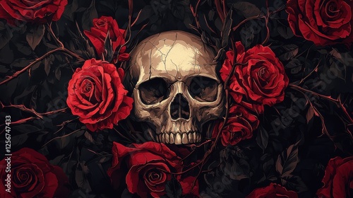 Skull surrounded by beautiful roses on a dark background for artistic and symbolic representation