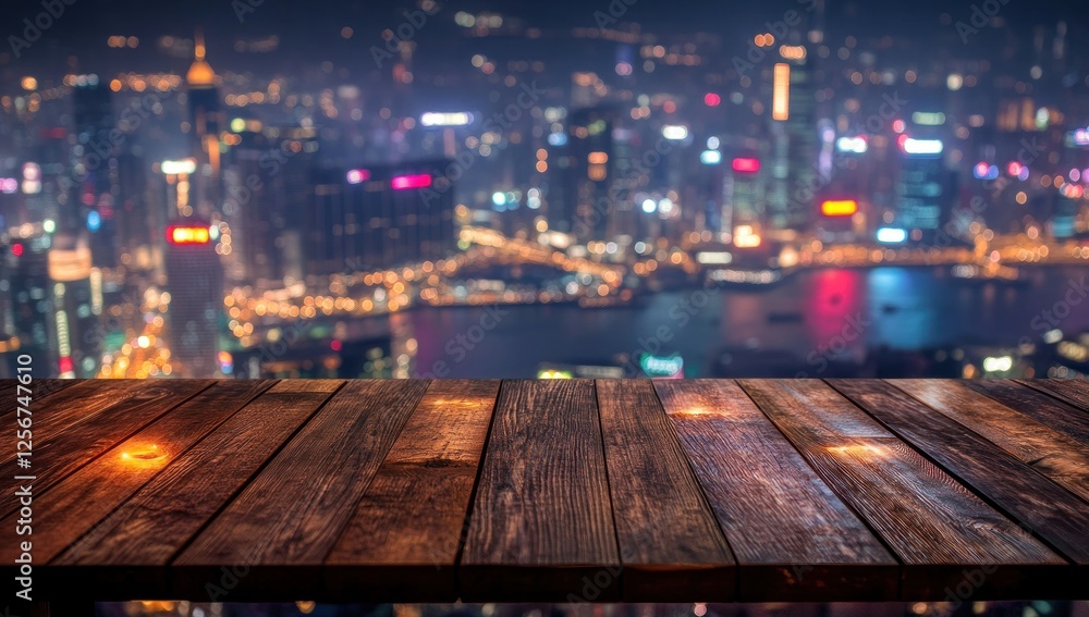 Night Cityscape View from Wooden Deck Night Cityscape View from Wooden Deck