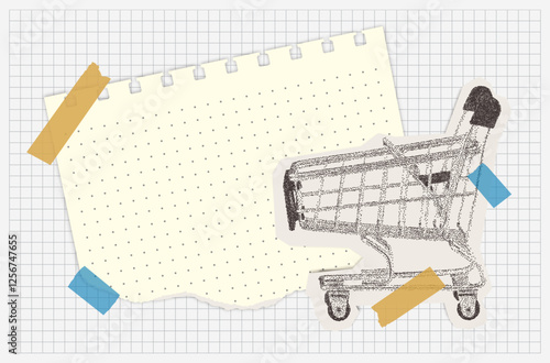 Trendy collage banner with cardboard applique shopping cart, torn pieces of different paper and strips of tape. Supermarket trolley with mezzotint photocopy effect.