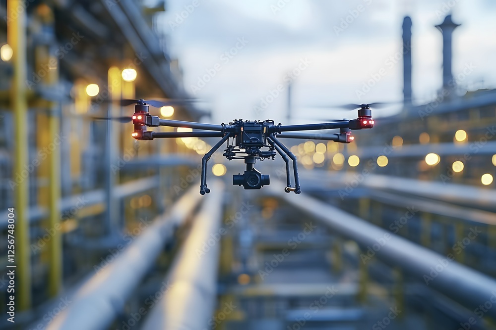 drone inspecting high-pressure pipelines in a large oil facility drone inspecting high-pressure pipelines in a large oil facility