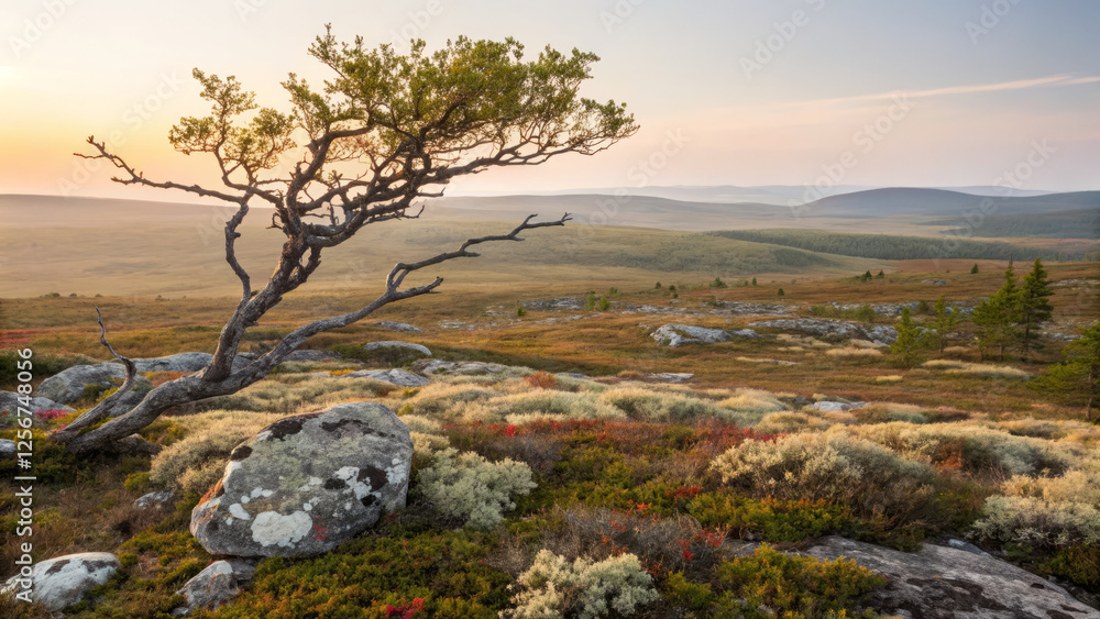 lone tree stands in vast, rocky landscape at sunset lone tree stands in vast, rocky landscape at sunset