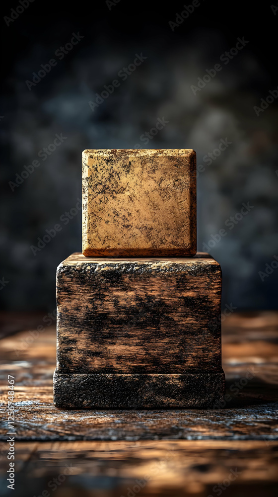 Gold cube on wood, dark background, product display Gold cube on wood, dark background, product display