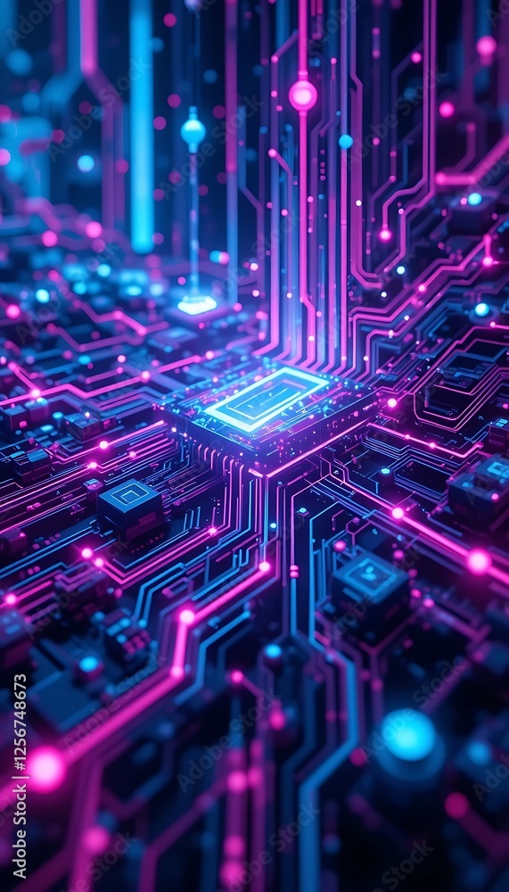 Fototapeta premium Glowing Circuit Board with Processor in Futuristic Neon Pink and Blue