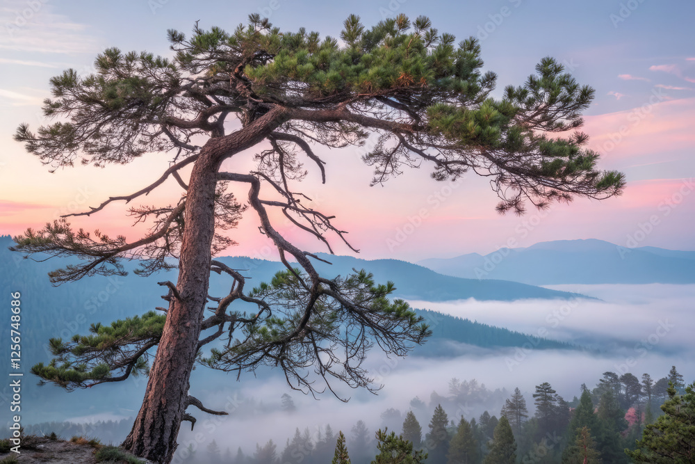 lone pine tree stands against misty mountain backdrop at sunrise
