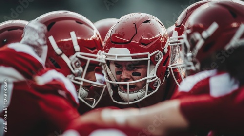 Intense football huddle during game preparation under cloudy skies in the fall season