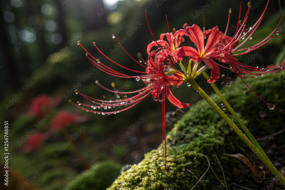 Red spider lilies with dewdrops in lush forest setting Red spider lilies with dewdrops in lush forest setting