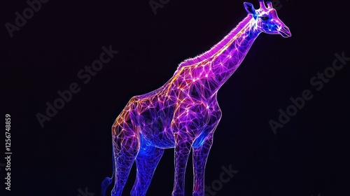 Neon giraffe, dark background, digital art, wildlife poster
