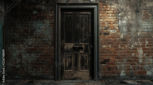 Wallpaper Mural fire exit door framed by worn brick and faded wood, creating an aged yet functional feature in the center of a building that has weathered the ages Torontodigital.ca