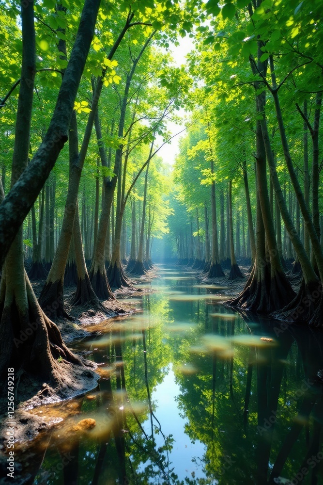 Obraz premium Mangrove forest with shallow waters and mud flats, mud flats, wildlife, environment