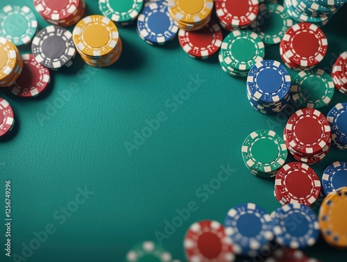 Wallpaper Mural A pile of colorful poker chips stacked on a green felt table for a card game Torontodigital.ca