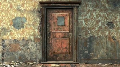fire exit door in an ancient building, standing out with its worn-out metal frame against the background