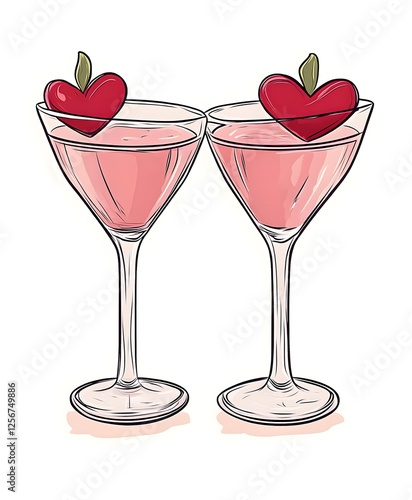 Romantic Valentine’s Day Drinks - Hand-Drawn Pink Cocktails with Heart Garnish for Love and Celebration