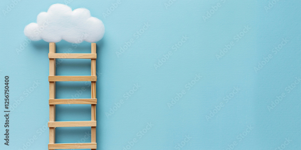 Wooden Ladder Leaning Against Soft Fluffy Cloud on Light Blue Background Wooden Ladder Leaning Against Soft Fluffy Cloud on Light Blue Background
