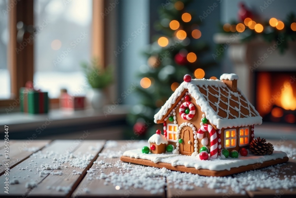 A Festive Gingerbread House Adorned with Candy Canes and Icing, Sitting on a Wooden Table with a Sparkling Snow Effect, Beside a Blurred Christmas Tree and Fireplace A Festive Gingerbread House Adorned with Candy Canes and Icing, Sitting on a Wooden Table with a Sparkling Snow Effect, Beside a Blurred Christmas Tree and Fireplace